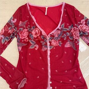 Free People Crimson Red Floral & Strawberries Sheer Sleeved Blouse Cardigan